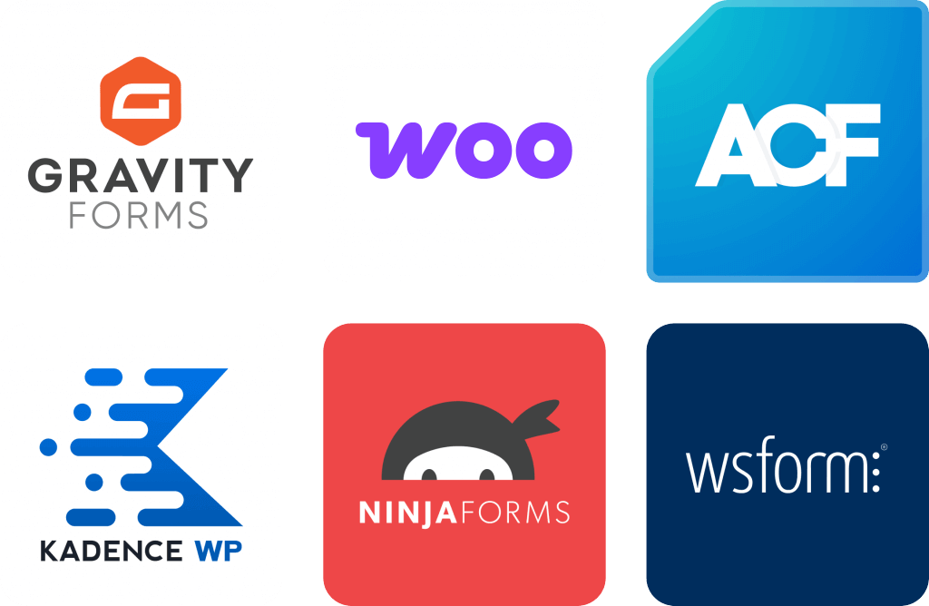 Logos of six form-related applications: Gravity Forms, Woo, ACF, Kadence WP, Ninja Forms, and WS Form, arranged in a grid. Each logo has distinct colors and styles, representing its brand.