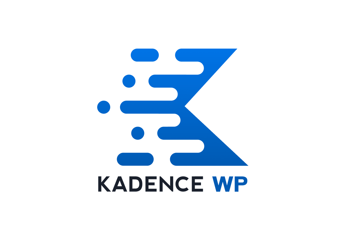 Blue stylized "K" logo with scattered dots, representing Kadence WP. The text "KADENCE WP" is written below in a combination of black and blue.