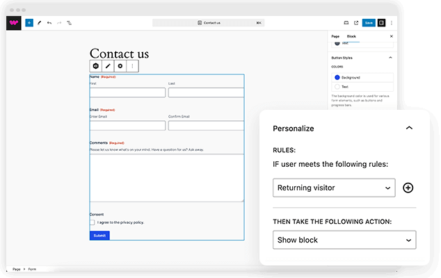 A digital interface showing a "Contact Us" form in a content management system with fields for name, email, and message. A sidebar is open, displaying personalization options for returning visitors, featuring rules and actions settings.