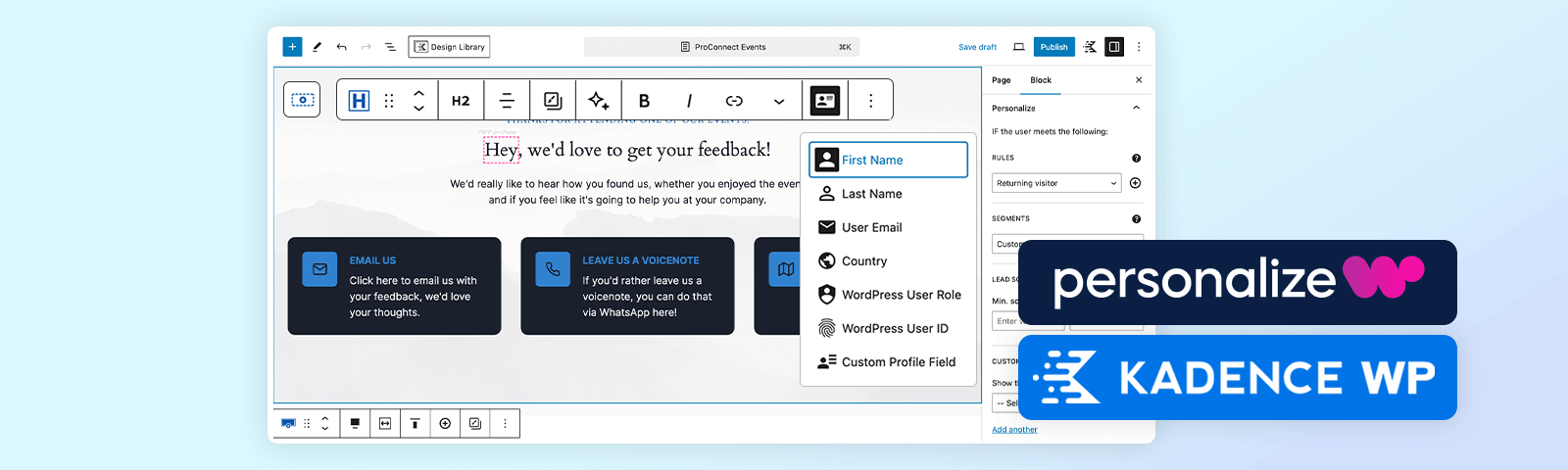 Personalizewp X Kadence Blocks