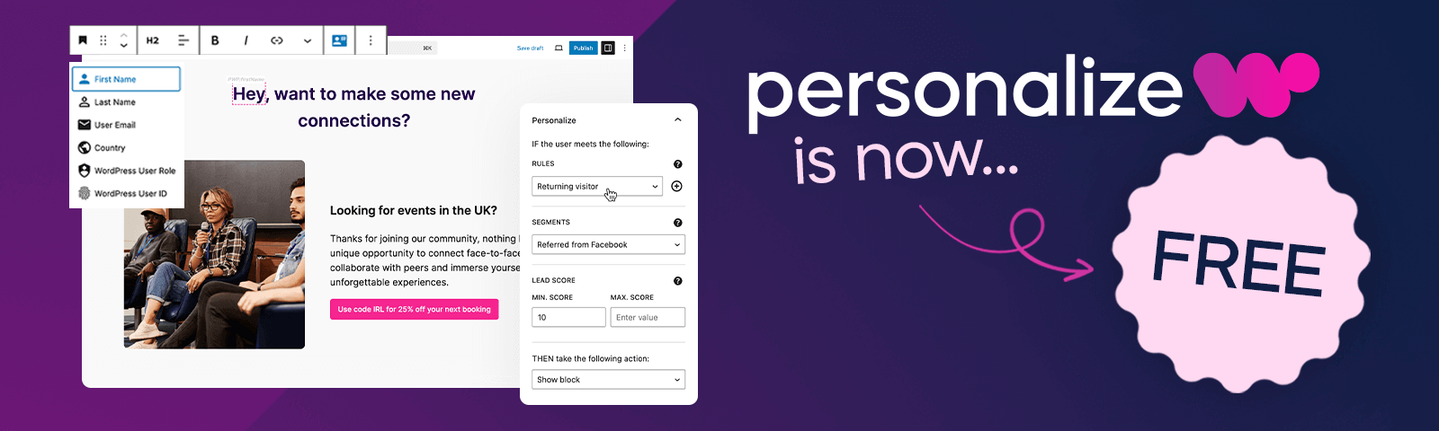 Screenshot of a webpage interface with customization options, next to text reading "personalize is now FREE" on a dark gradient background.