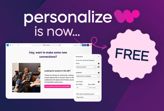 A graphic featuring the text "Personalize is now FREE" with a screenshot of a web app interface on the left and a pink starburst with "FREE" on the right. The background is a gradient of purple and blue.