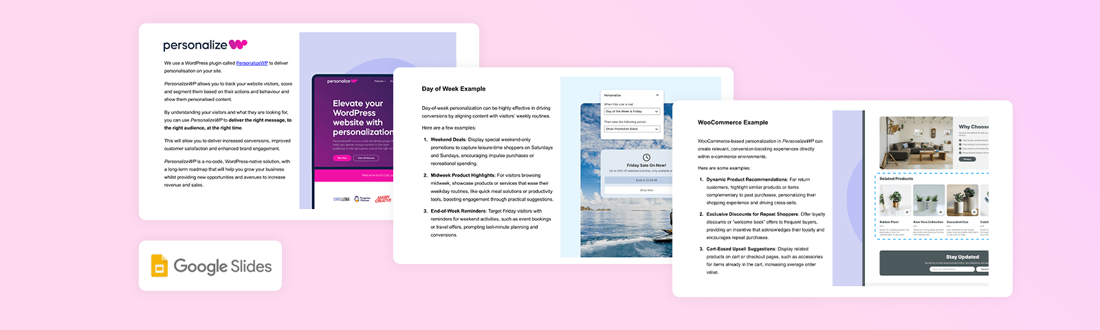Image of three slide previews overlapping against a pink background, showing text and images like cityscapes and office interiors. A Google Slides icon appears in the bottom left corner.