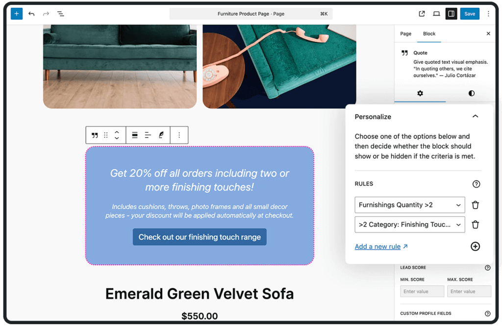 Webpage editor displaying a product page for an emerald green velvet sofa priced at $550. The page includes a promotional banner offering 20% off orders with multiple finishing touches. A panel on the right allows customization with rules and categories.