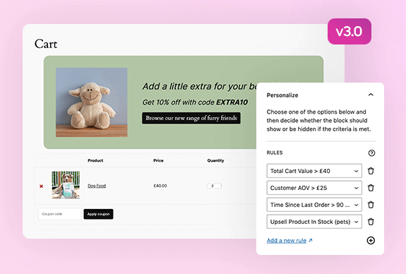 Shopping cart interface showcasing a stuffed toy, discount offer, and personalization rules, highlighting product details and options.