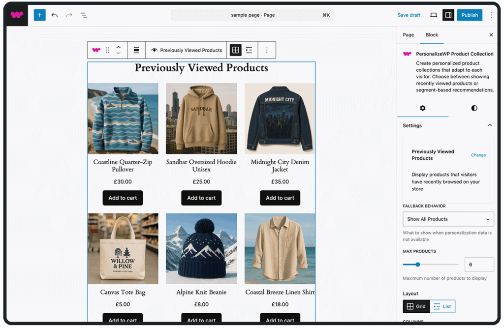 A grid display of previously viewed products featuring six apparel items: two pullovers, three jackets, and a hat. Each product is accompanied by an "Add to cart" button. The layout suggests a shopping interface for an online store.