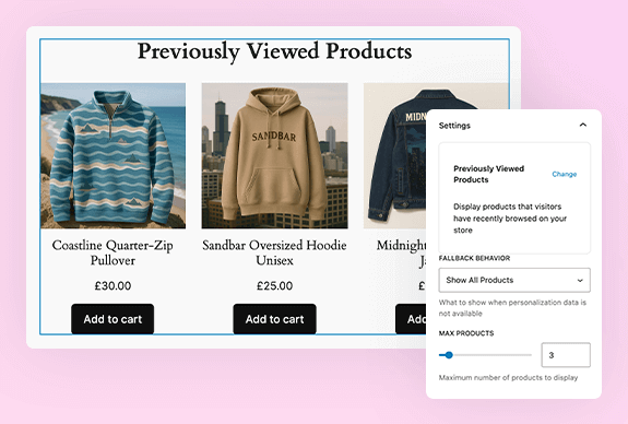 A display of previously viewed products featuring three clothing items: a striped pullover, a beige hoodie, and a denim jacket. Each product has a name and price, along with an "Add to cart" button. Settings for product display options are visible on the side.