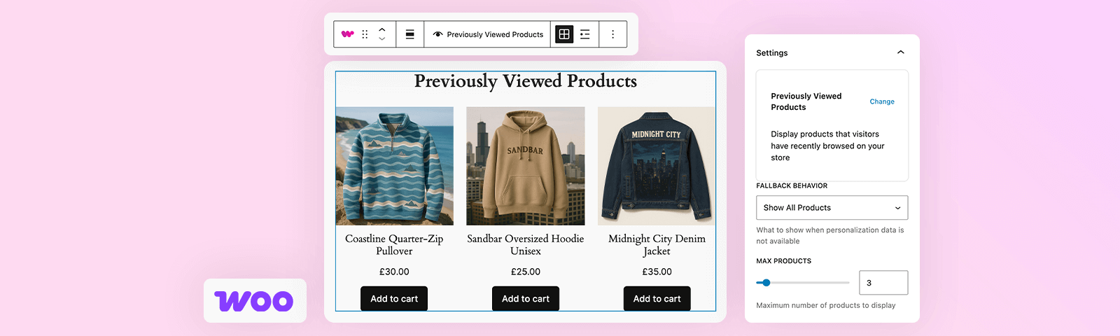 A display of previously viewed clothing items includes a patterned blue sweater, a beige hoodie, and a black jacket. The background features a pink gradient, with a "Woo" logo in the corner.
