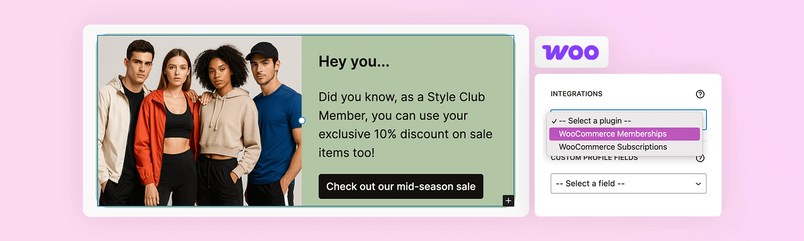 A promotional banner for a style club offers a 10% discount on select items. It features four diverse models standing together, with text inviting members to check out the new season sale. The background is light pink, enhancing the text visibility.