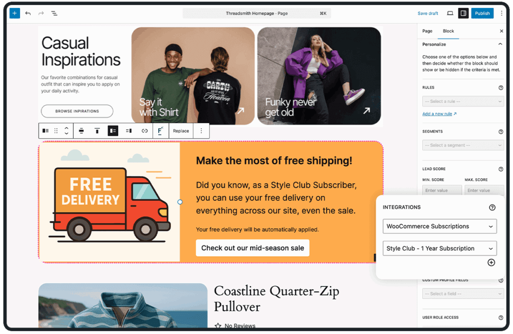A digital mockup of an e-commerce website featuring clothing items with a "Free Delivery" promotional banner and two models showcasing casual outfits. The layout includes product images, pricing details, and subscription options for customers.