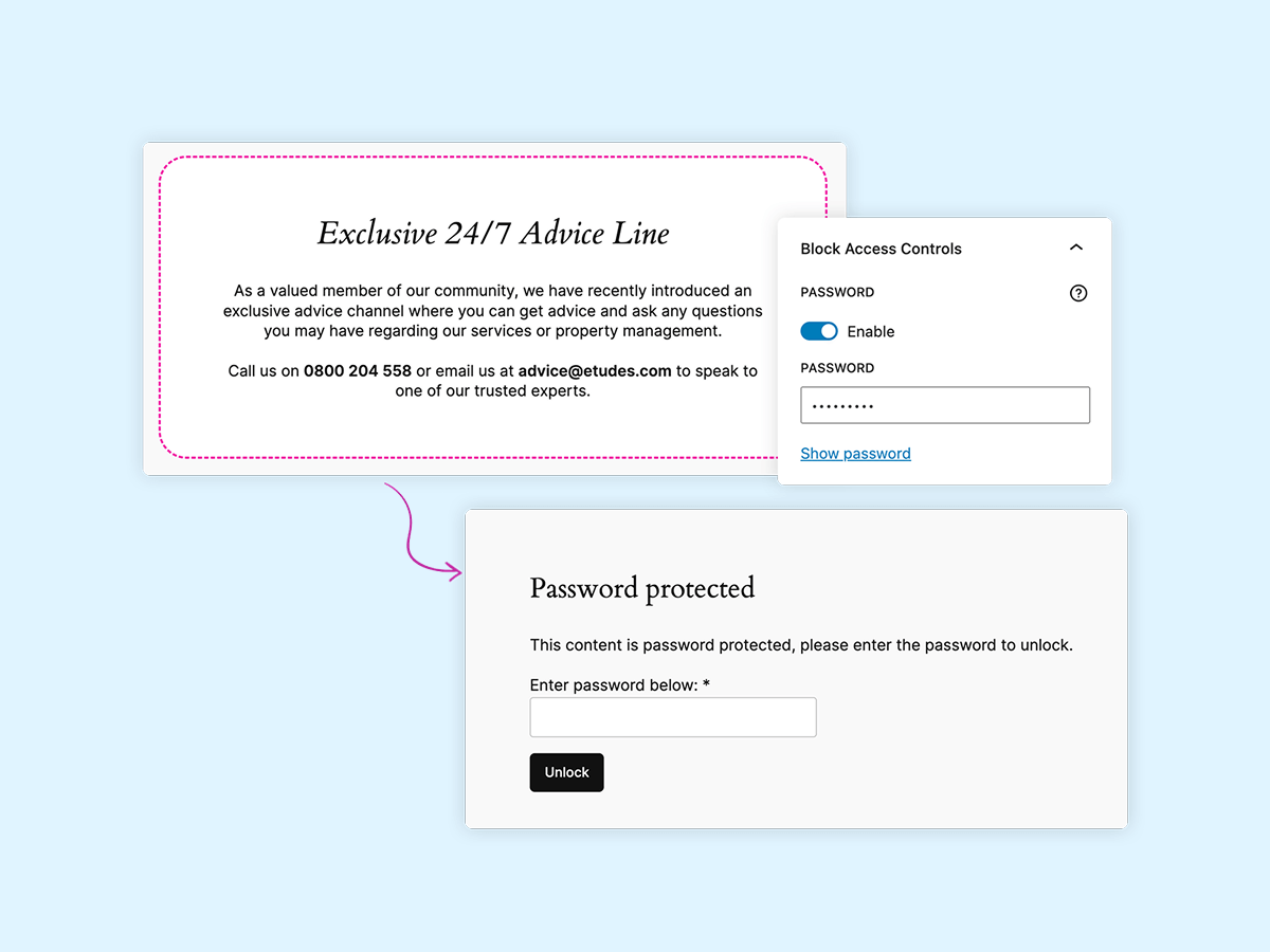 The image displays a light blue background featuring a text box about a 24/7 advice line, along with a password protection notice. The notice prompts users to enter a password to access content, emphasizing the importance of security in managing inquiries.