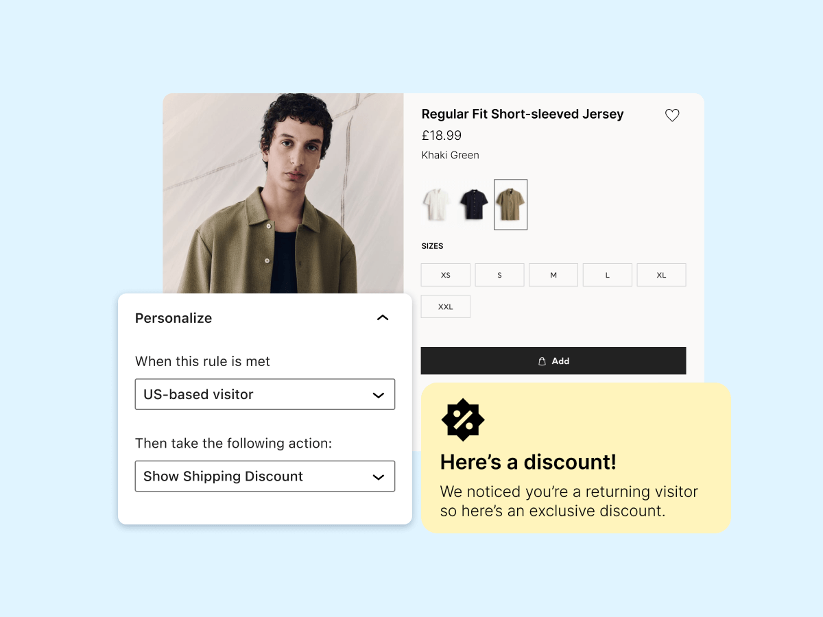 An online clothing store interface displaying a model wearing a short-sleeved jersey. It features a product description, price, and options for size and color. A pop-up notification offers a discount for returning visitors. The background is light blue, enhancing the promotional elements.