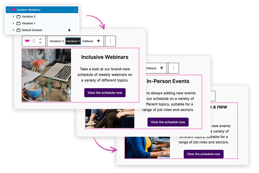 An interface displaying multiple content variations for webinars and in-person events, featuring text descriptions, schedules, and interactive elements for user selection.