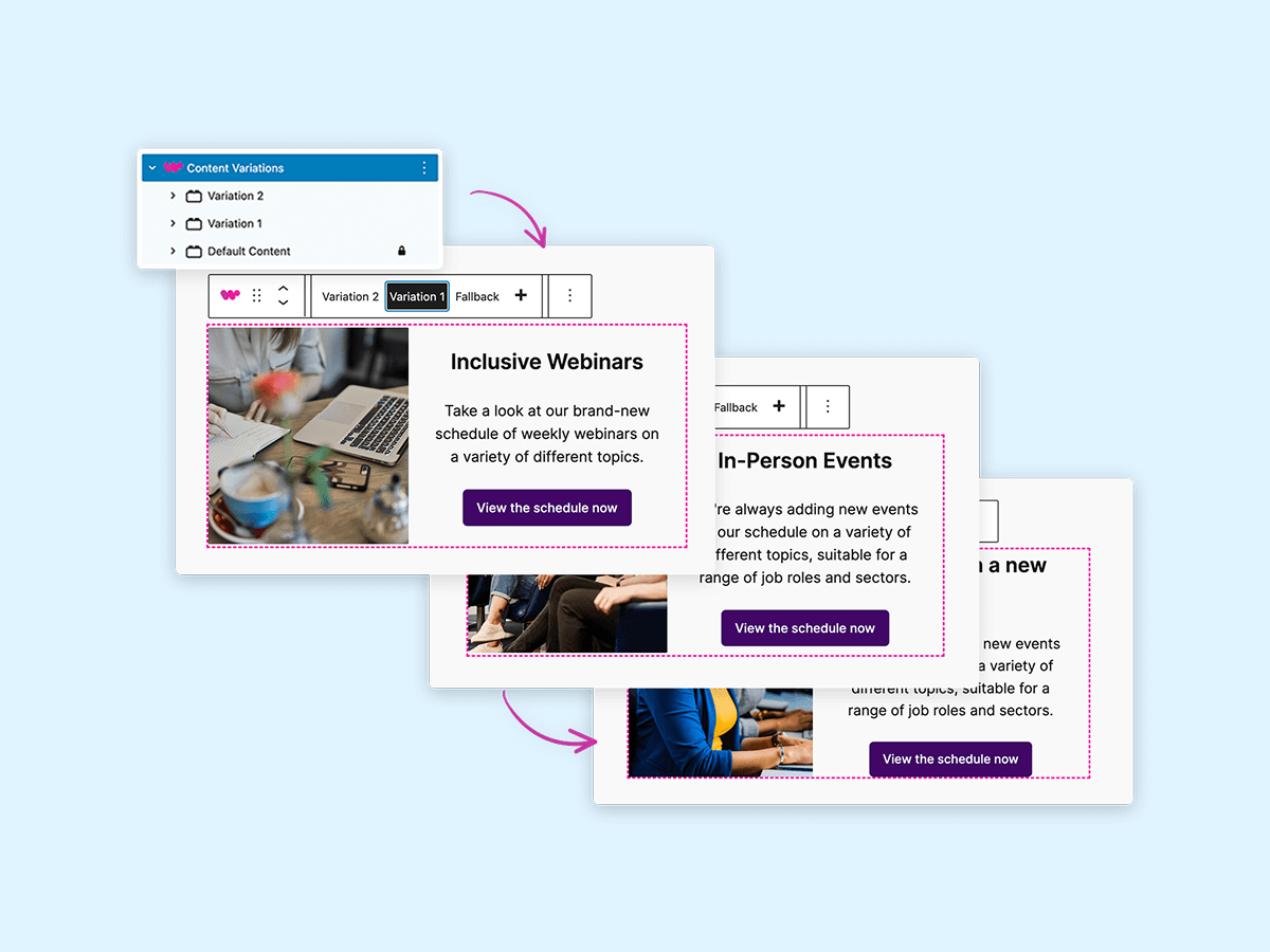 A digital interface showcasing three slides that highlight a new schedule of webinars and in-person events. Each slide features a brief description and a button to view the schedule, set against a light blue background.
