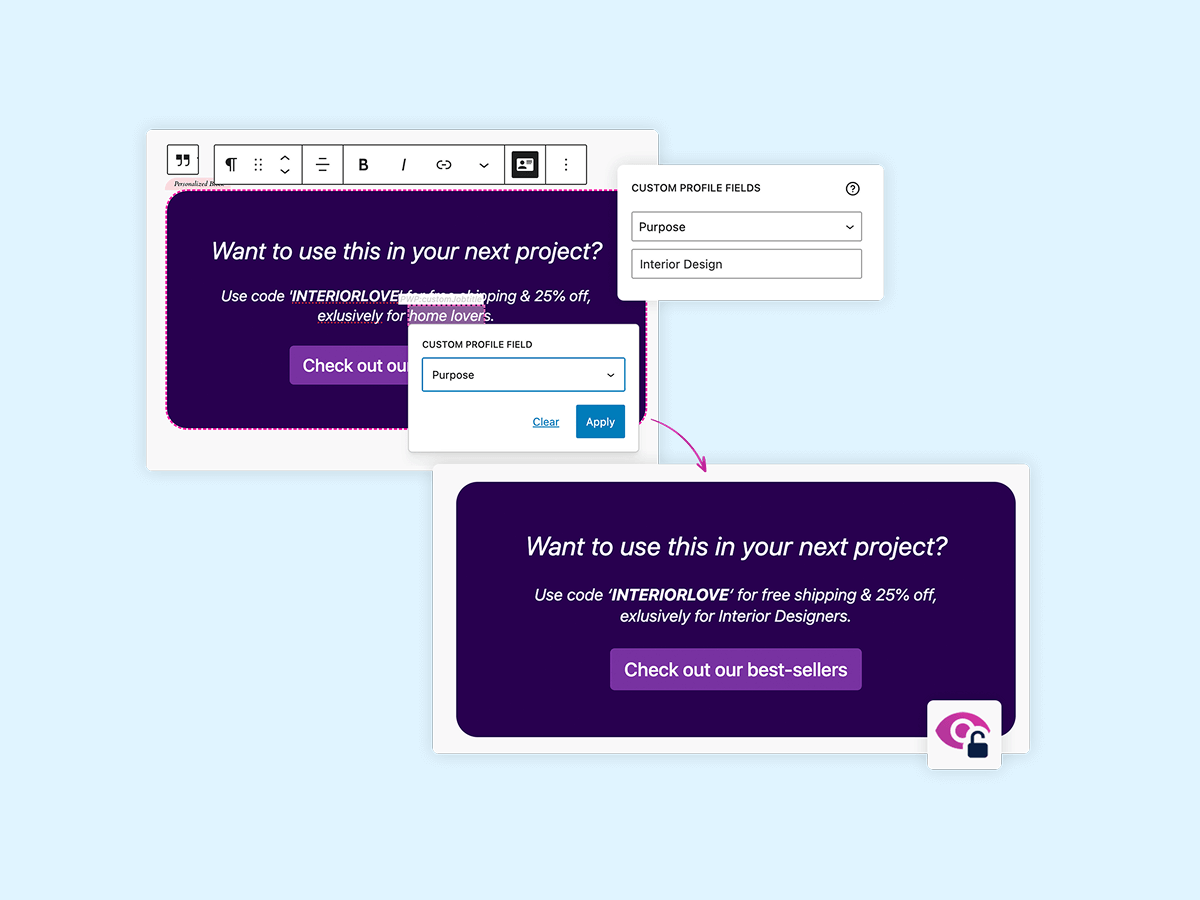 An interface displaying a promotional message for a product. It invites users to apply a discount code for free shipping, specifically targeting interior designers, along with a button to check out best-sellers. The background is light blue, enhancing visibility.