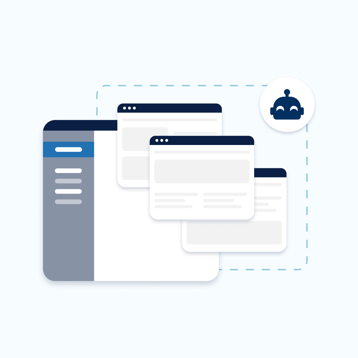 An illustration featuring three overlapping browser windows, with a sidebar navigation panel on the left. A small user icon is situated in the upper right corner, suggesting a connection to user interaction or a help feature. The background is a light color.