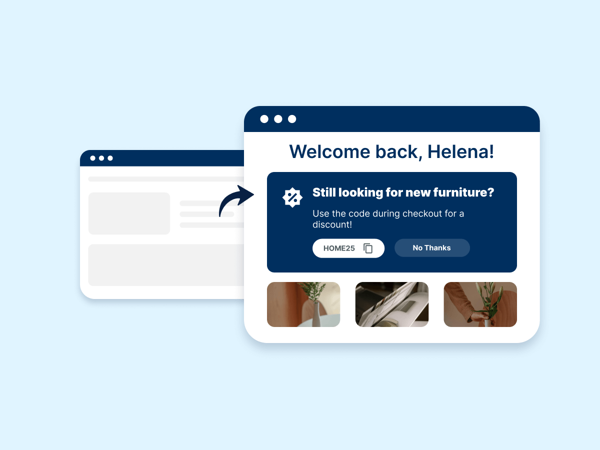 A digital interface showing a welcome message addressed to "Helena," prompting her about furniture discounts during checkout. It includes options for applying the discount or declining. Visual elements feature images related to furniture.