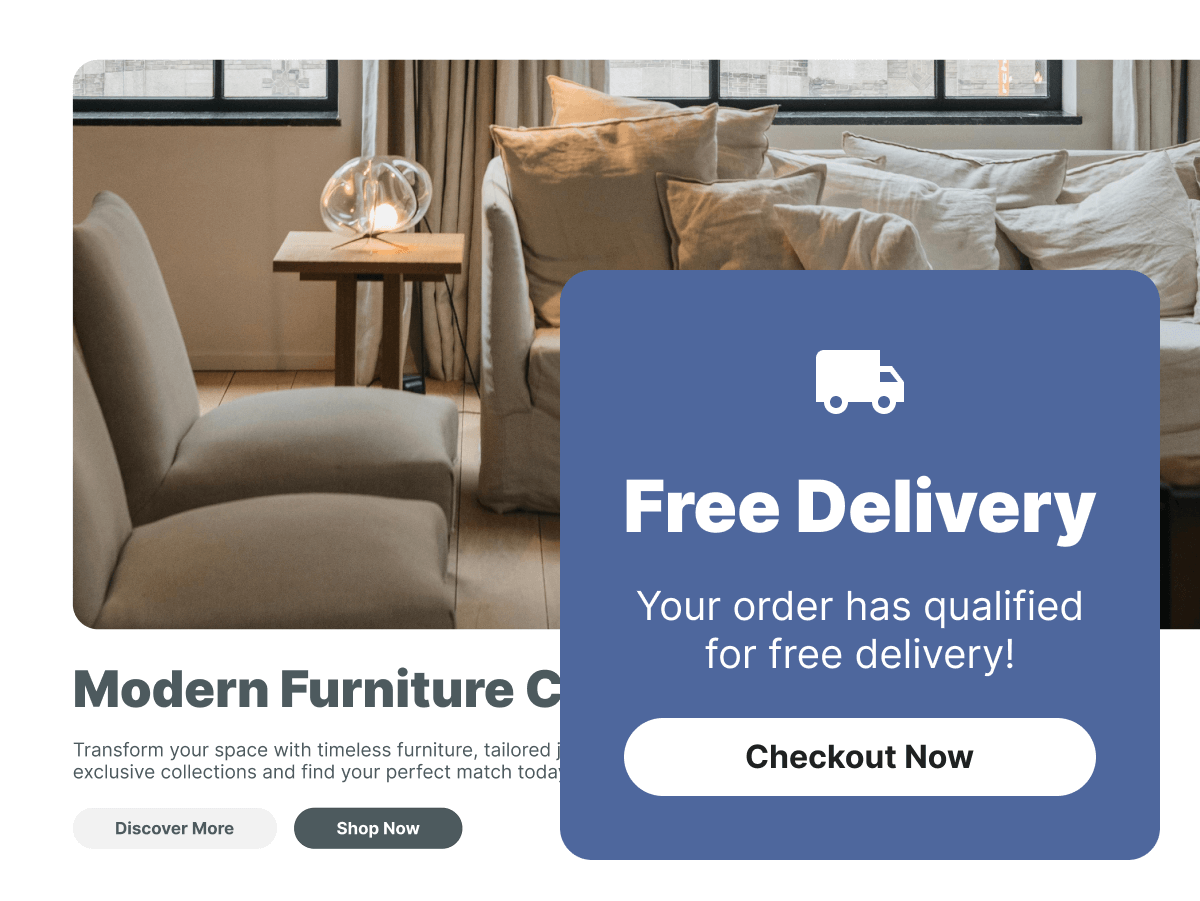 A modern furniture advertisement featuring comfortable seating options and a prominent pop-up notification about free delivery on orders, encouraging customers to check out their purchases.