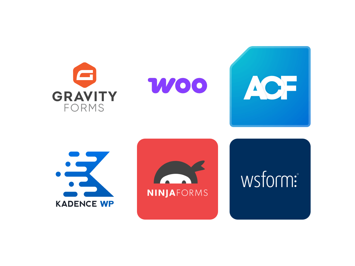 A grid featuring logos of various WordPress plugins, including Gravity Forms, WooCommerce, ACF, Kadence WP, Ninja Forms, and WS Form, representing tools for form creation and website enhancement.
