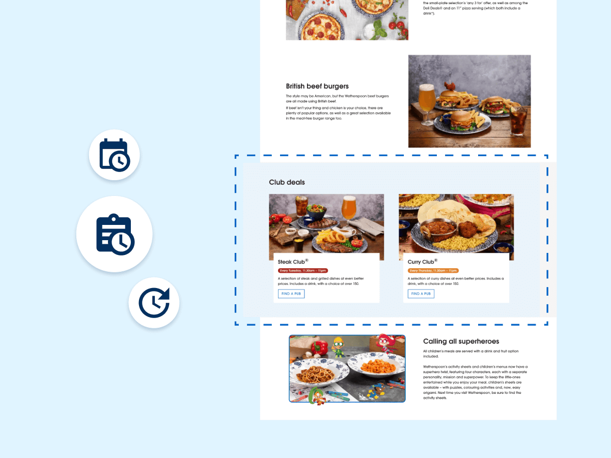 A digital menu showcasing club deals with images of British beef burgers and various meals. Icons for photography and refresh options are included, enhancing navigation and visual appeal.