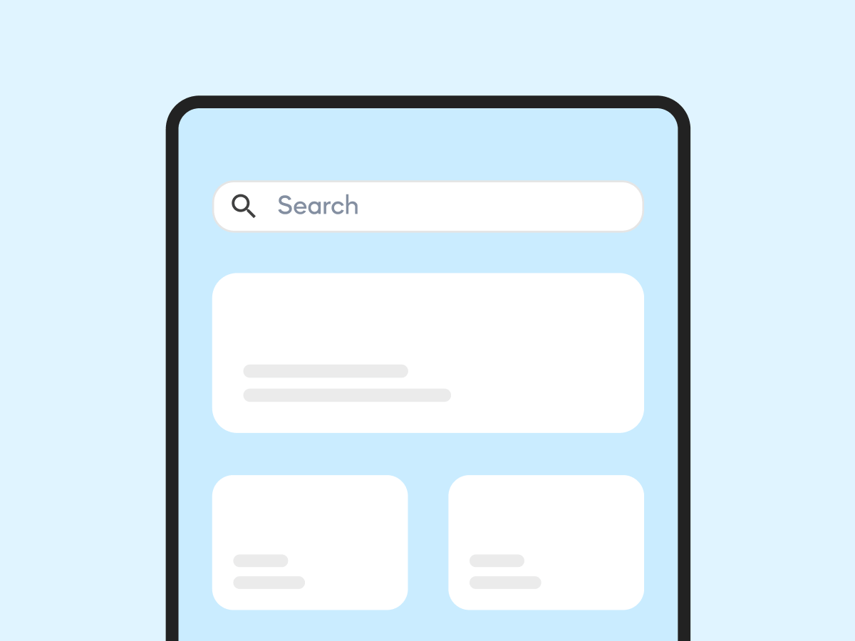 A tablet device displaying a user interface with a search bar at the top, surrounded by empty content sections on a light blue background.