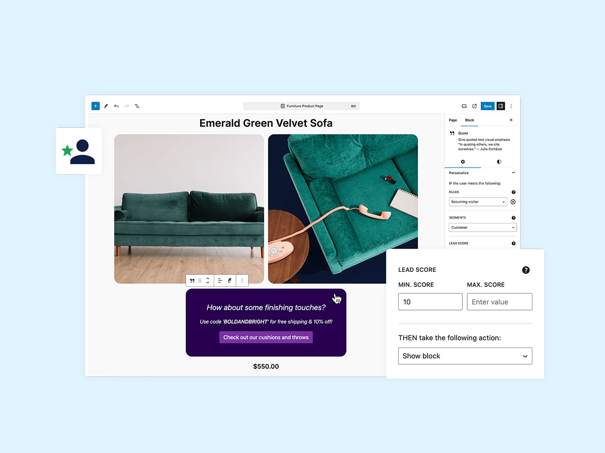 A digital interface displays an emerald green velvet sofa, with options for user input and promotional text. The layout features a section for login, scores, and product details, emphasizing the sofa's design and price.