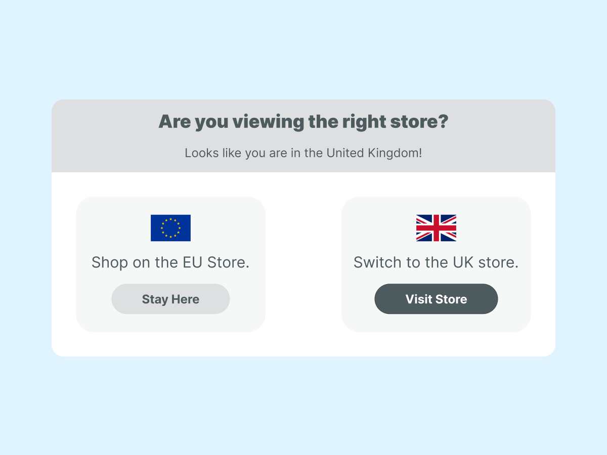 A prompt asking users if they are viewing the correct store, indicating the current location as the United Kingdom, with options to either stay on the EU store or switch to the UK store.