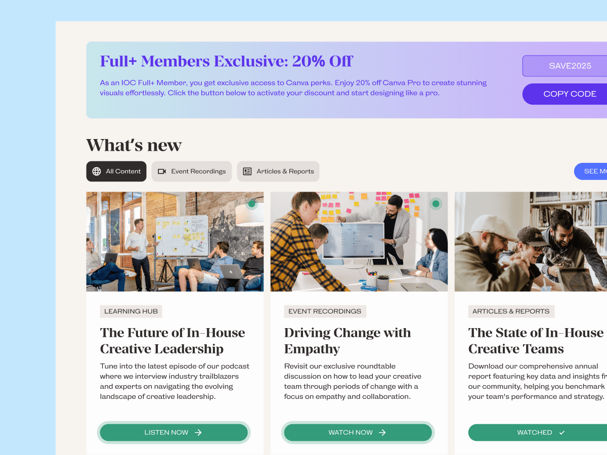 A promotional webpage highlighting new content and articles related to creative leadership and teamwork, featuring a 20% discount for members. The layout includes sections for featured articles, interactive graphics, and a call-to-action button.