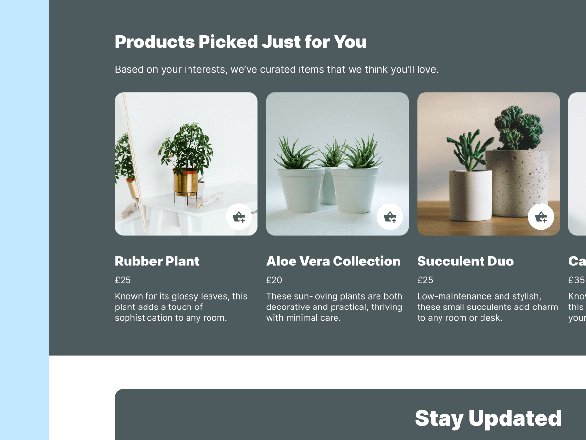 A selection of curated indoor plants is displayed, featuring a rubber plant, aloe vera collection, and succulent duo, each with prices listed. The design emphasizes personalized recommendations for plant enthusiasts.