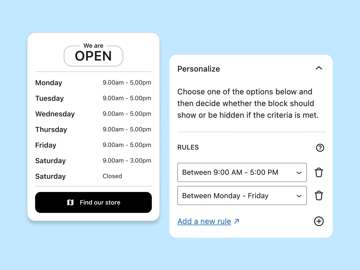 A business hours display showing "We are OPEN" with operational times for each day of the week. The right side includes personalization options and rules for user browsing times and lead scoring. The background is light blue.