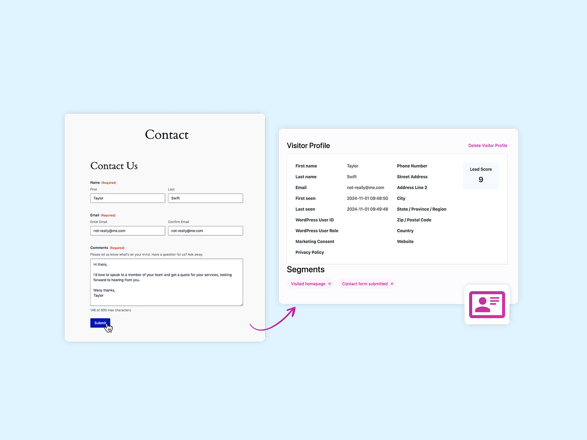 A digital mockup showing a "Contact Us" form on the left with fields for name, email, and message, and a visitor profile section on the right displaying personal information and segments, all set against a light blue background.